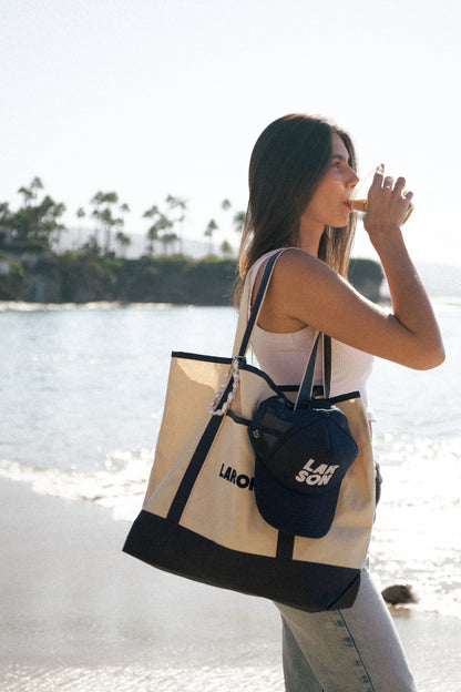 LARSON EMBROIDERED TOTE IN NAVY/NATURAL