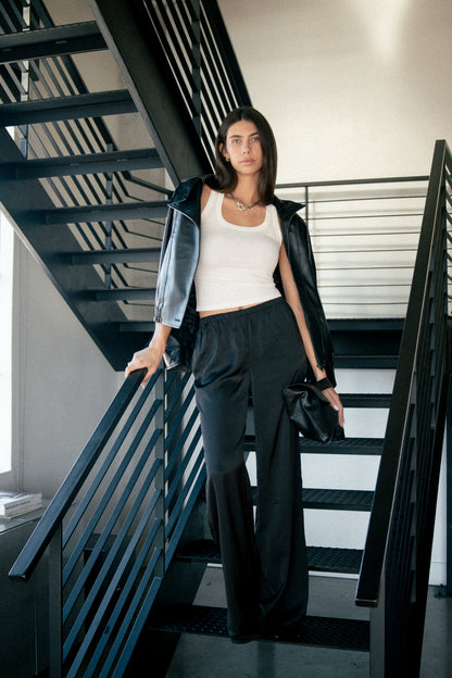 THE SATIN STRAIGHT LEG PANT IN ONYX