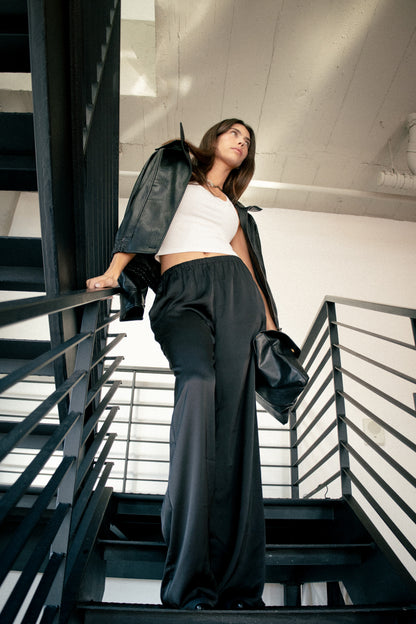 THE SATIN STRAIGHT LEG PANT IN ONYX